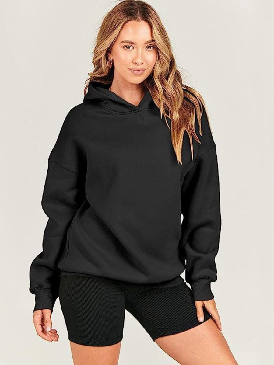Dropped Shoulder Long Sleeve Hoodie Black