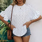 Perfee Slit Polka Dot Round Neck Half Sleeve Blouse