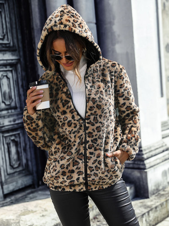 Leopard Zip-Up Hooded Jacket Camel