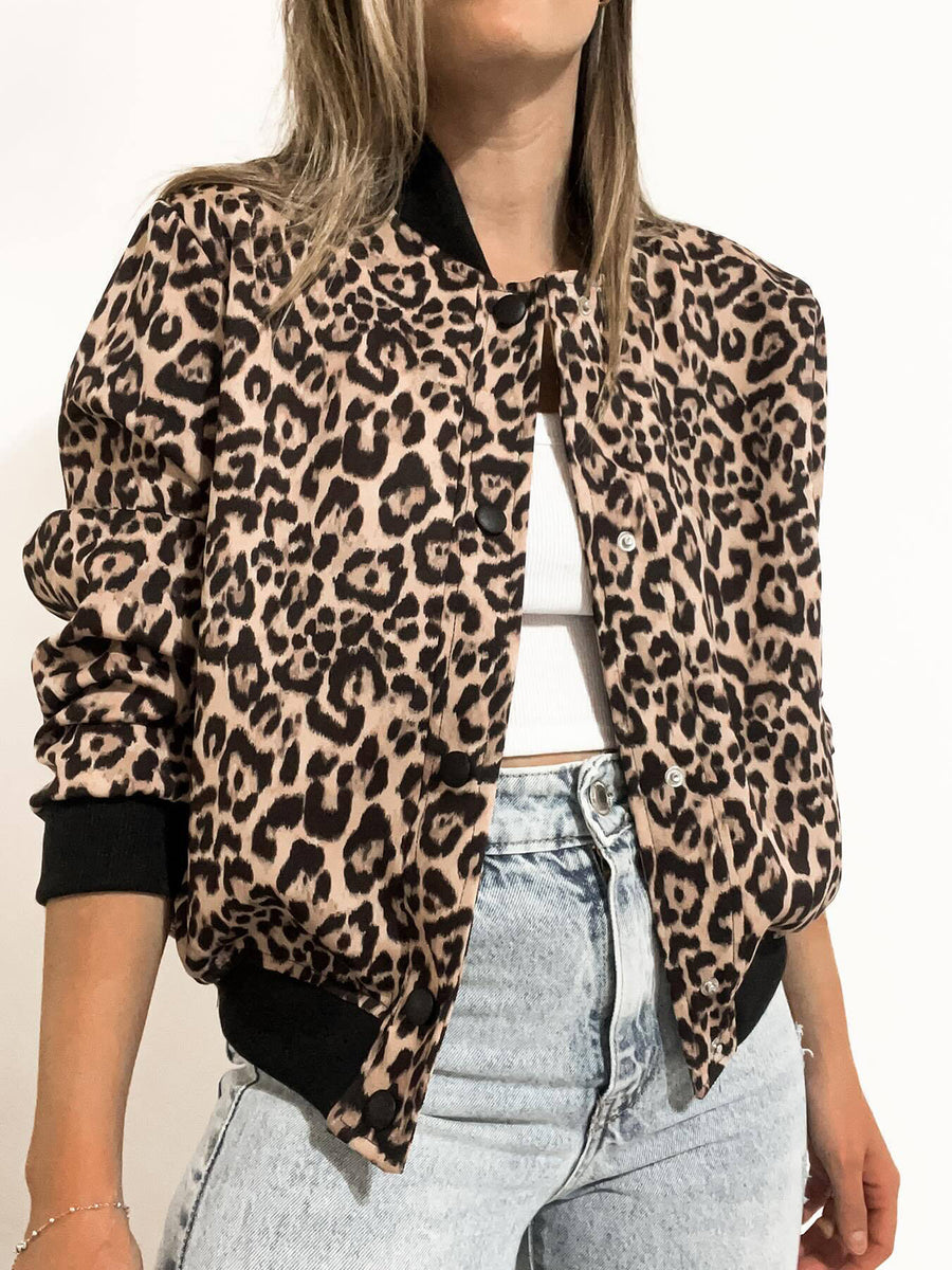 Pocketed Snap Down Baseball Collar Jacket Leopard