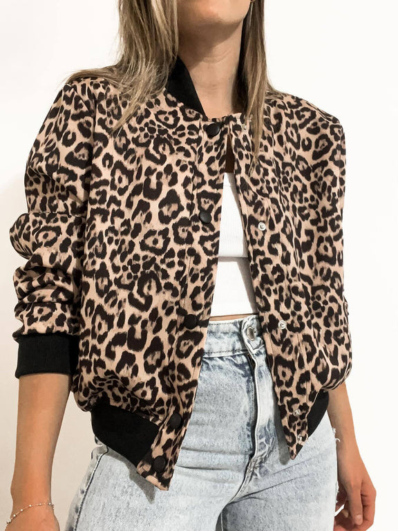 Pocketed Snap Down Baseball Collar Jacket Leopard