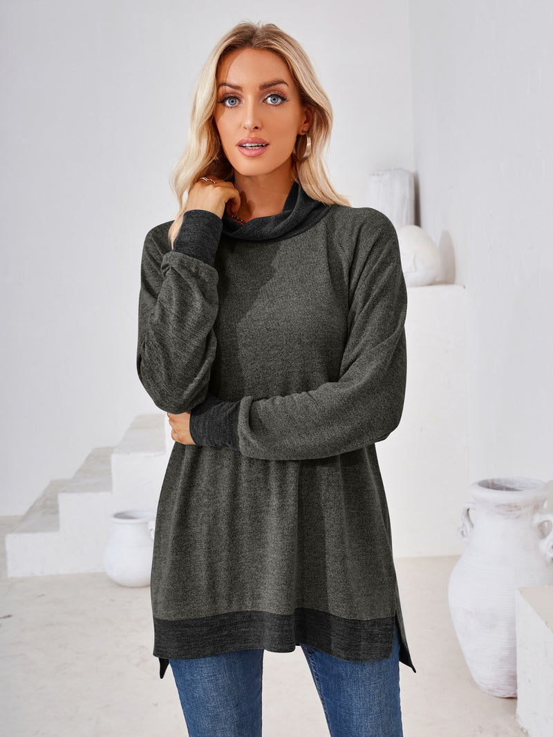 Contrast Mock Neck Long Sleeve T-Shirt Charcoal
