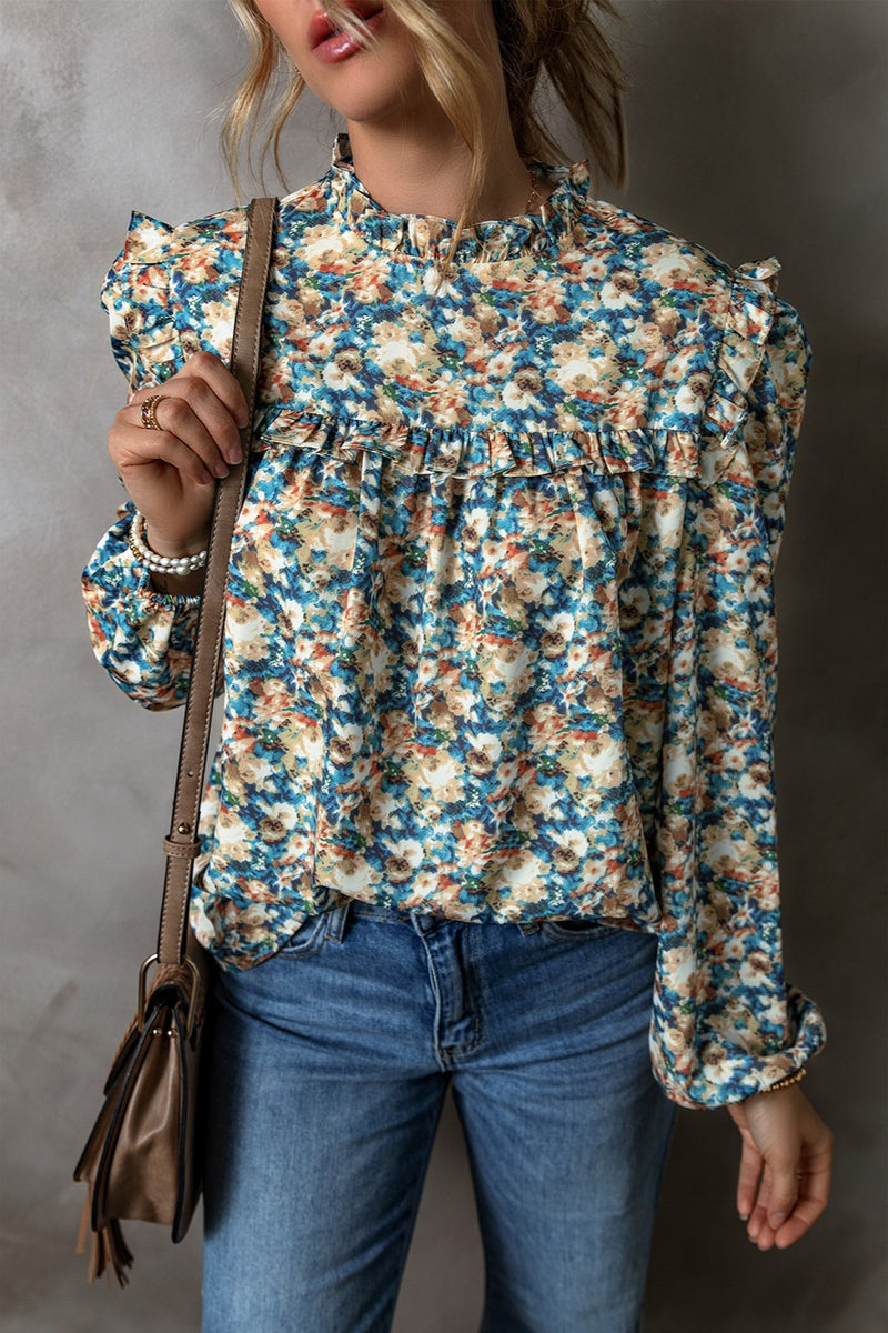 Frill Printed Mock Neck Long Sleeve Blouse