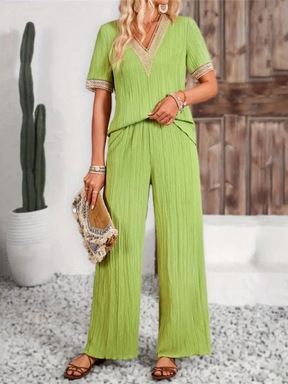 V-Neck Short Sleeve Top and Pants Set