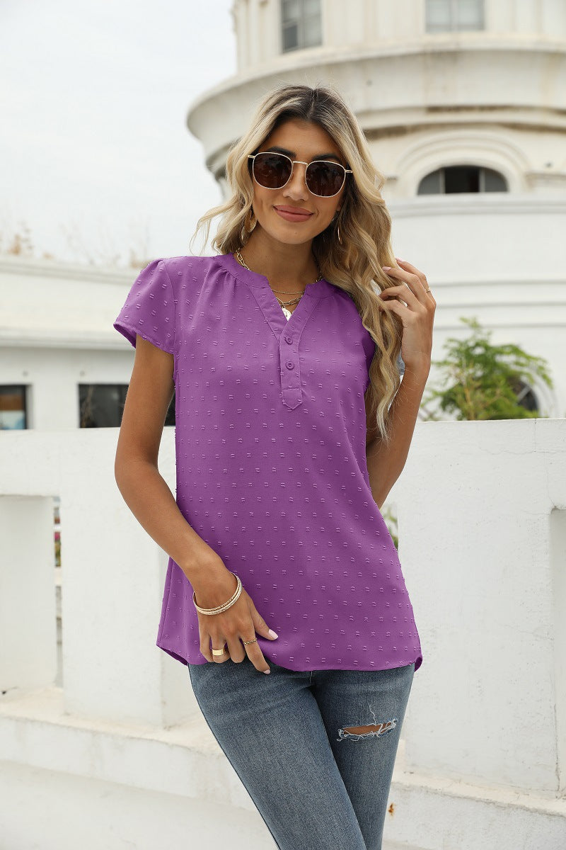 Swiss Dot Notched Neck Short Sleeve Top Purple
