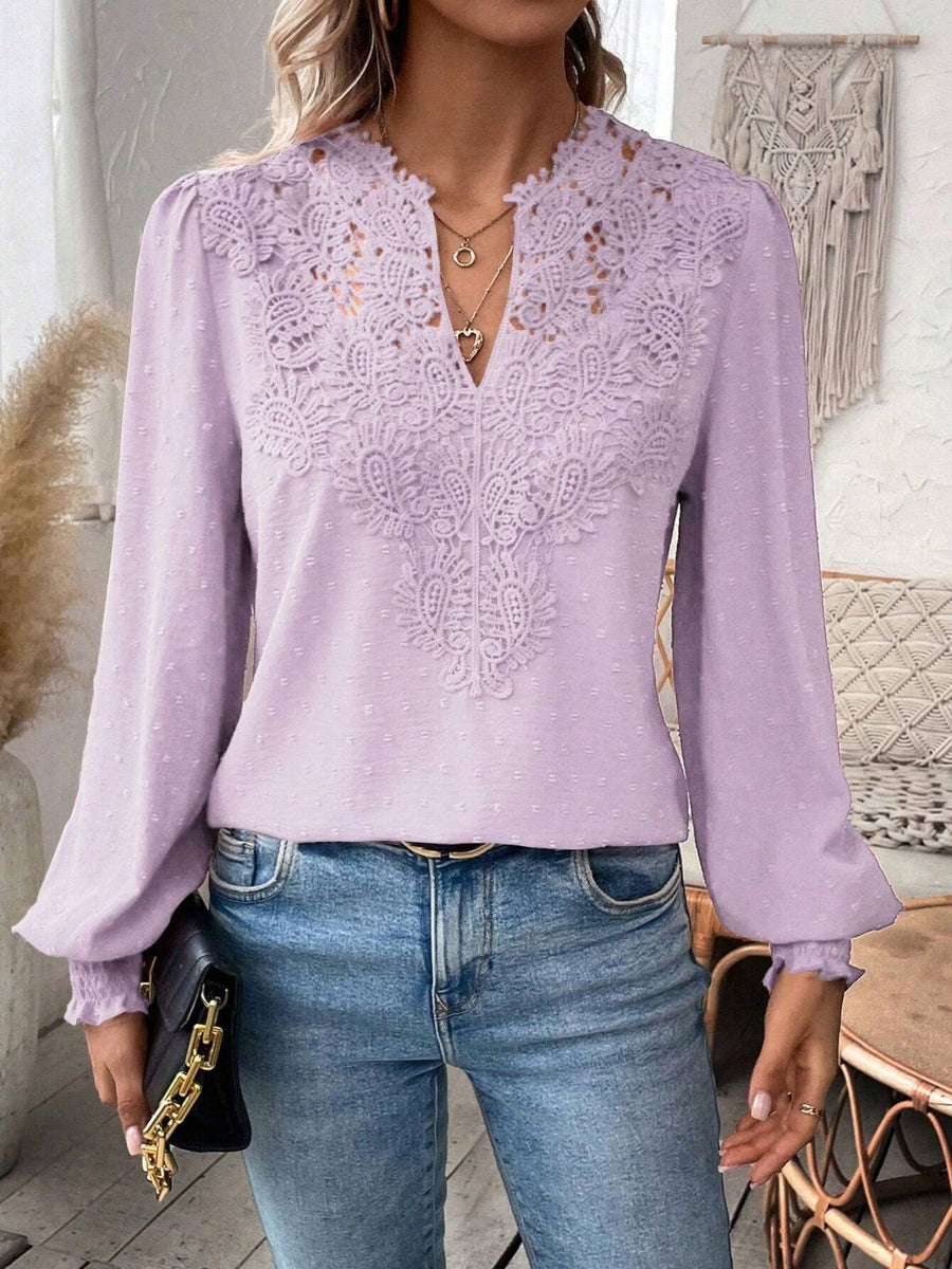 Swiss Dot Lace Detail Notched Long Sleeve Blouse Pink Purple