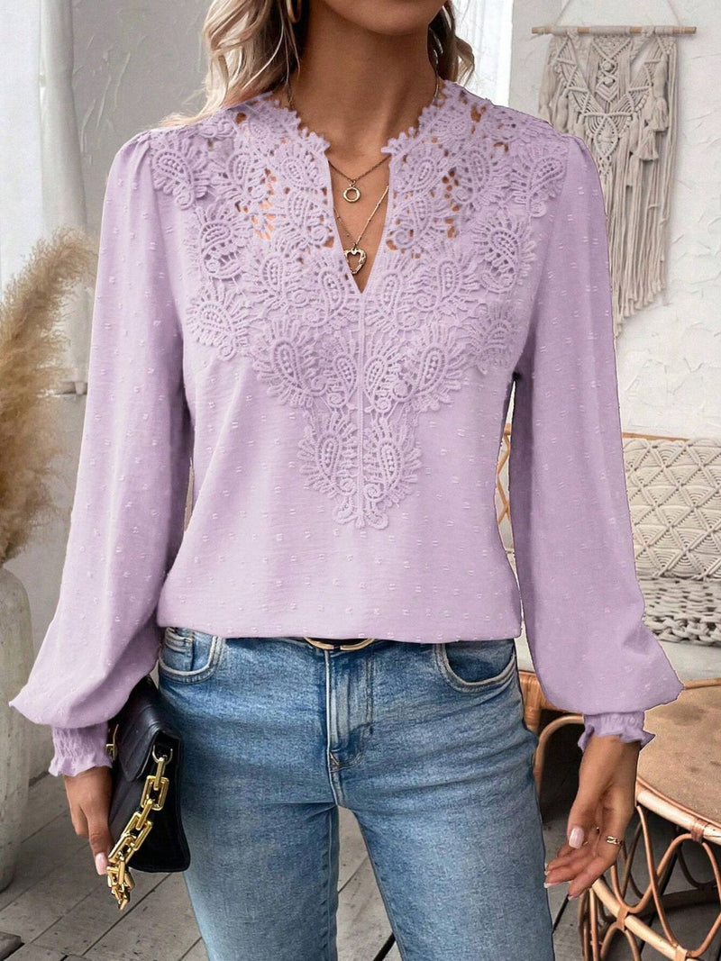 Swiss Dot Lace Detail Notched Long Sleeve Blouse Pink Purple