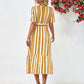 Striped Tie Belt Round Neck Puff Sleeve Dress