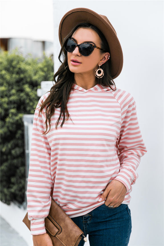 Horizontal Stripe Raglan Sleeve Hoodie Pink