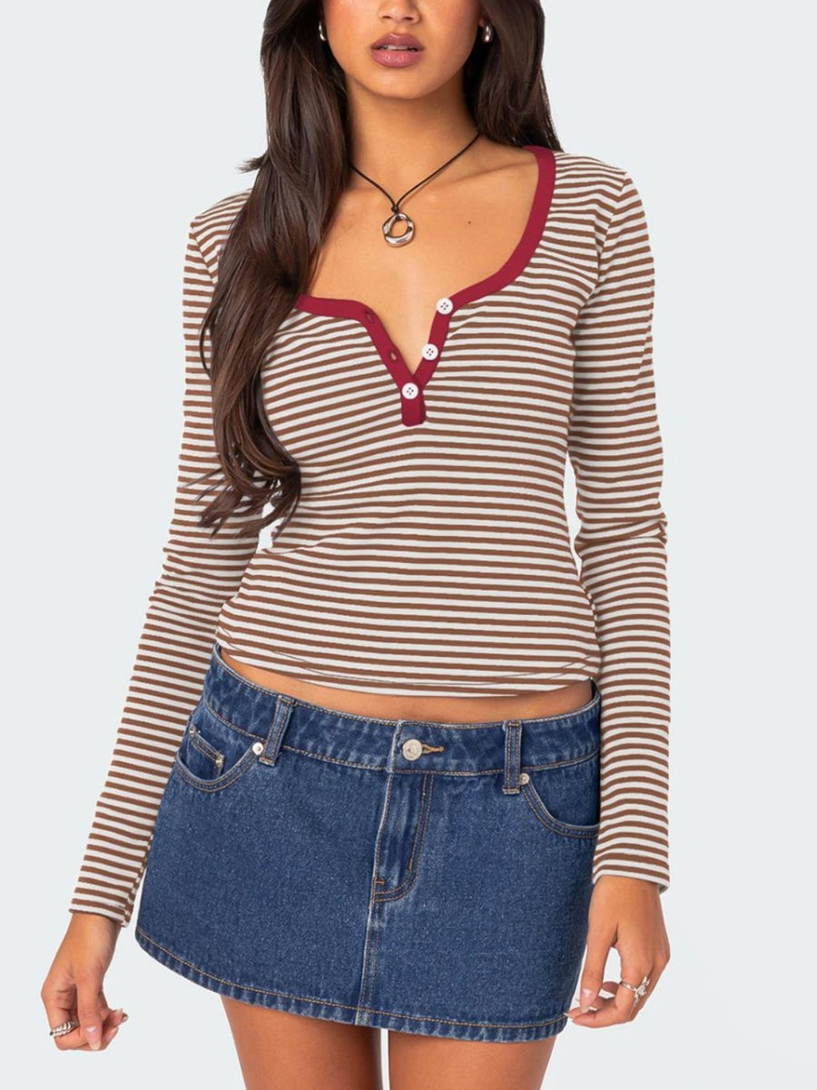 Buttoned Striped Long Sleeve T-Shirt Deep Red