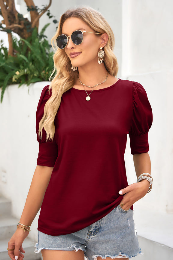 Round Neck Lantern Sleeve Blouse Burgundy