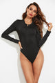 Half Button Round Neck Long Sleeve Bodysuit Black
