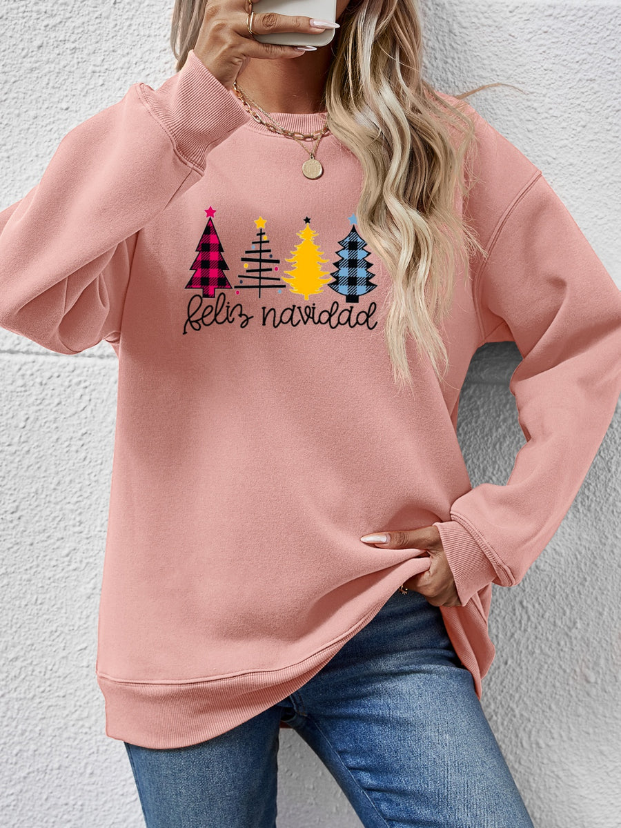 Round Neck Graphic Long Sleeve Sweatshirt Blush Pink