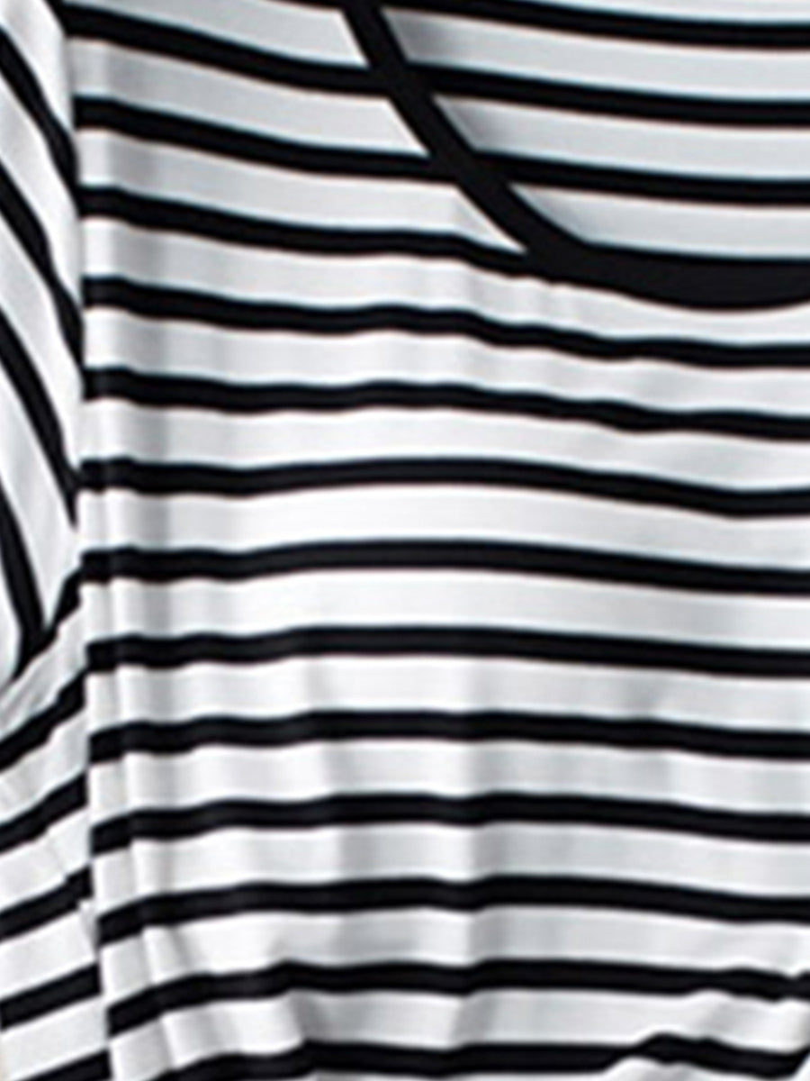 Striped Round Neck Short Sleeve T-Shirt with Bra Black