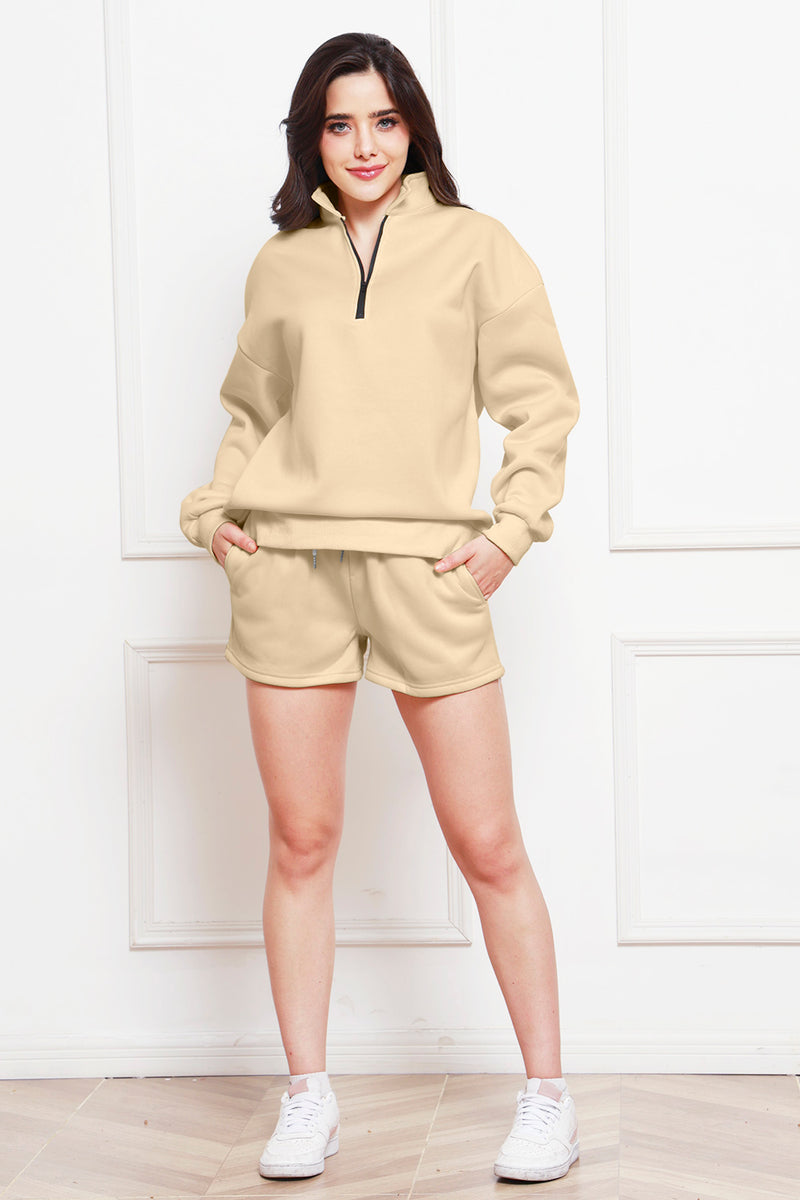 Half Zip Long Sleeve Sweatshirt and Drawstring Shorts Set Ivory