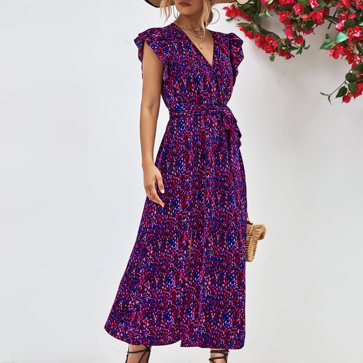 Printed Surplice Neck Flutter Sleeve Slit Dress