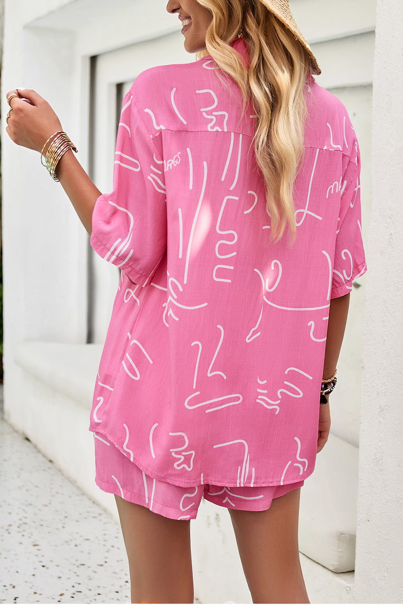 Printed Button Up Shirt and Shorts Set