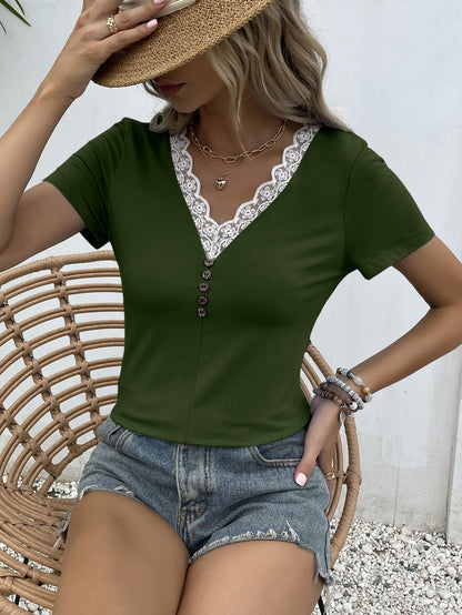 Ivy Lane Lace Trim V-Neck Short Sleeve Blouse Army Green