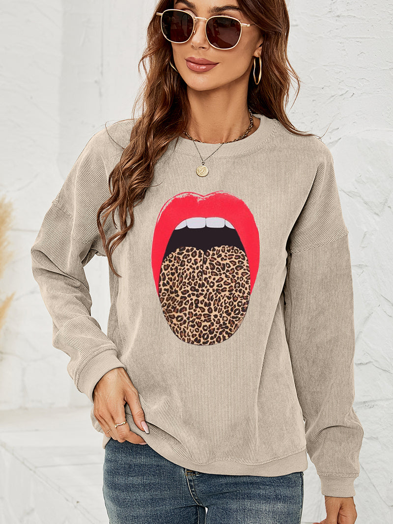 Round Neck Dropped Shoulder MAMA Graphic Sweatshirt Tan