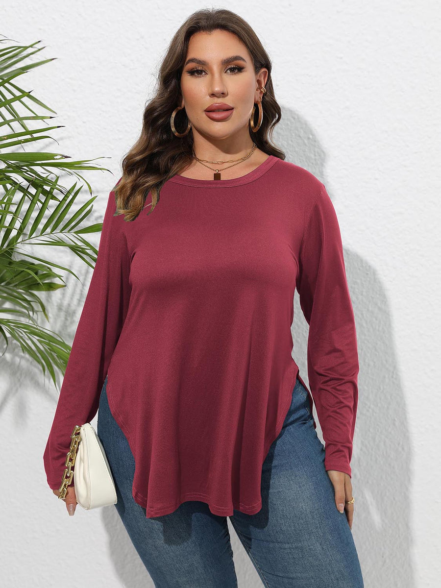 Plus Size Round Neck Long Sleeve Slit T-Shirt Deep Red