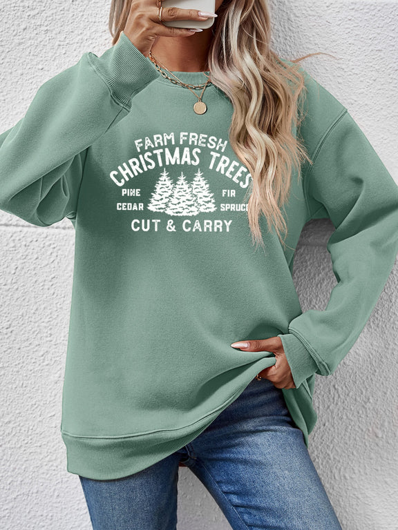 Round Neck Graphic Long Sleeve Sweatshirt Sage