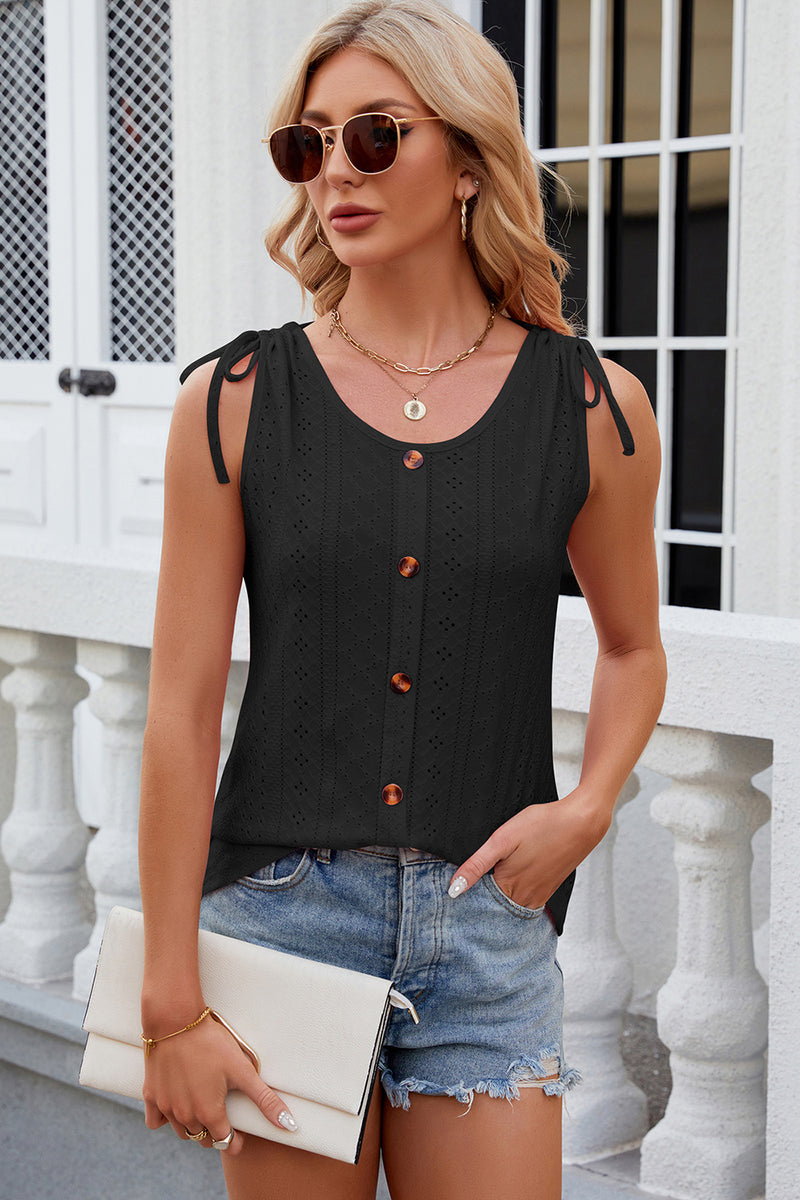 Eyelet Round Neck Wide Strap Tank Black