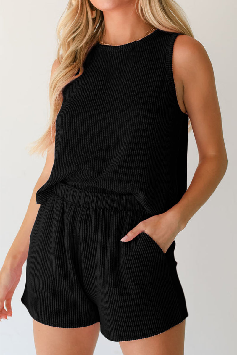Round Neck Sleeveless Top and Shorts Set Black