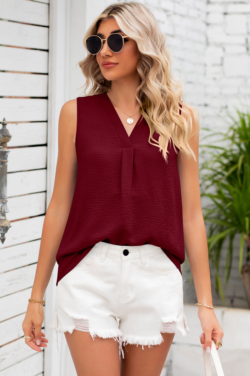 Texture V-Neck Sleeveless Top Burgundy