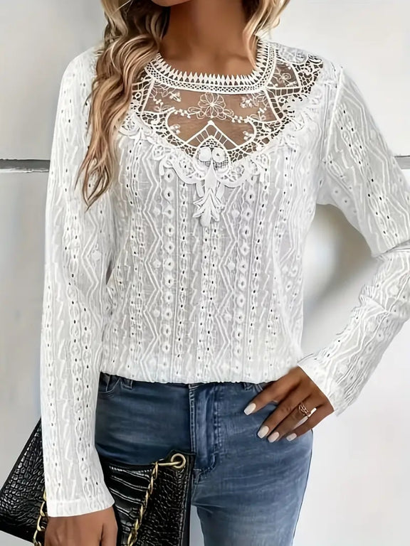 Lace Eyelet Long Sleeve Top White