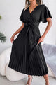 Pleated Flutter Sleeve Belted Dress Black