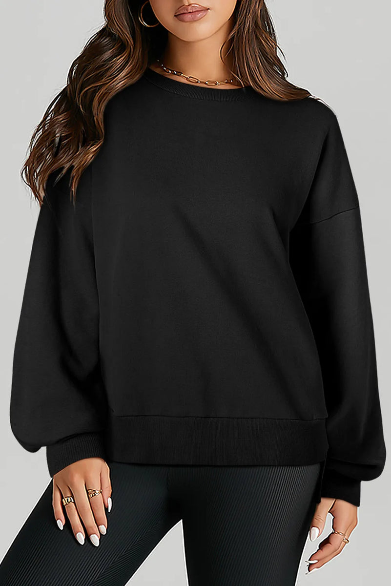 High-Low Round Neck Long Sleeve Sweatshirt Black