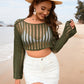 Openwork Boat Neck Long Sleeve Cover-Up