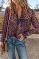 Printed Notched Long Sleeve Blouse Black