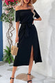 Tie-Waist Off-Shoulder Split Dress Black