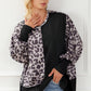 Leopard Round Neck Lantern Sleeve Slit Sweatshirt