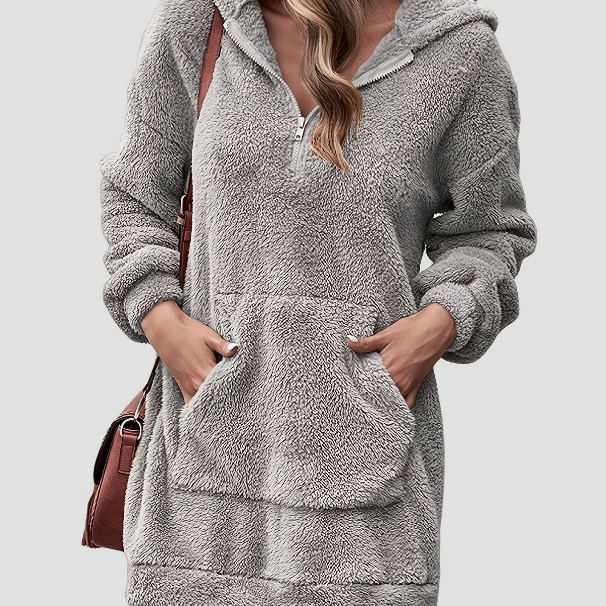 Half Zip Dropped Shoulder Oversized Hoodie Gray
