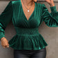 Perfee Smocked Surplice Lantern Sleeve Peplum Blouse