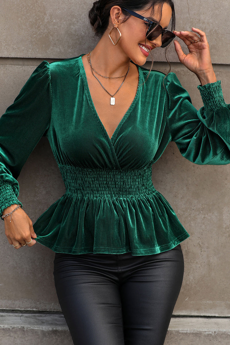 Perfee Smocked Surplice Lantern Sleeve Peplum Blouse