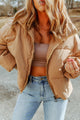 Zip Up Collared Neck Coat with Pockets Tan