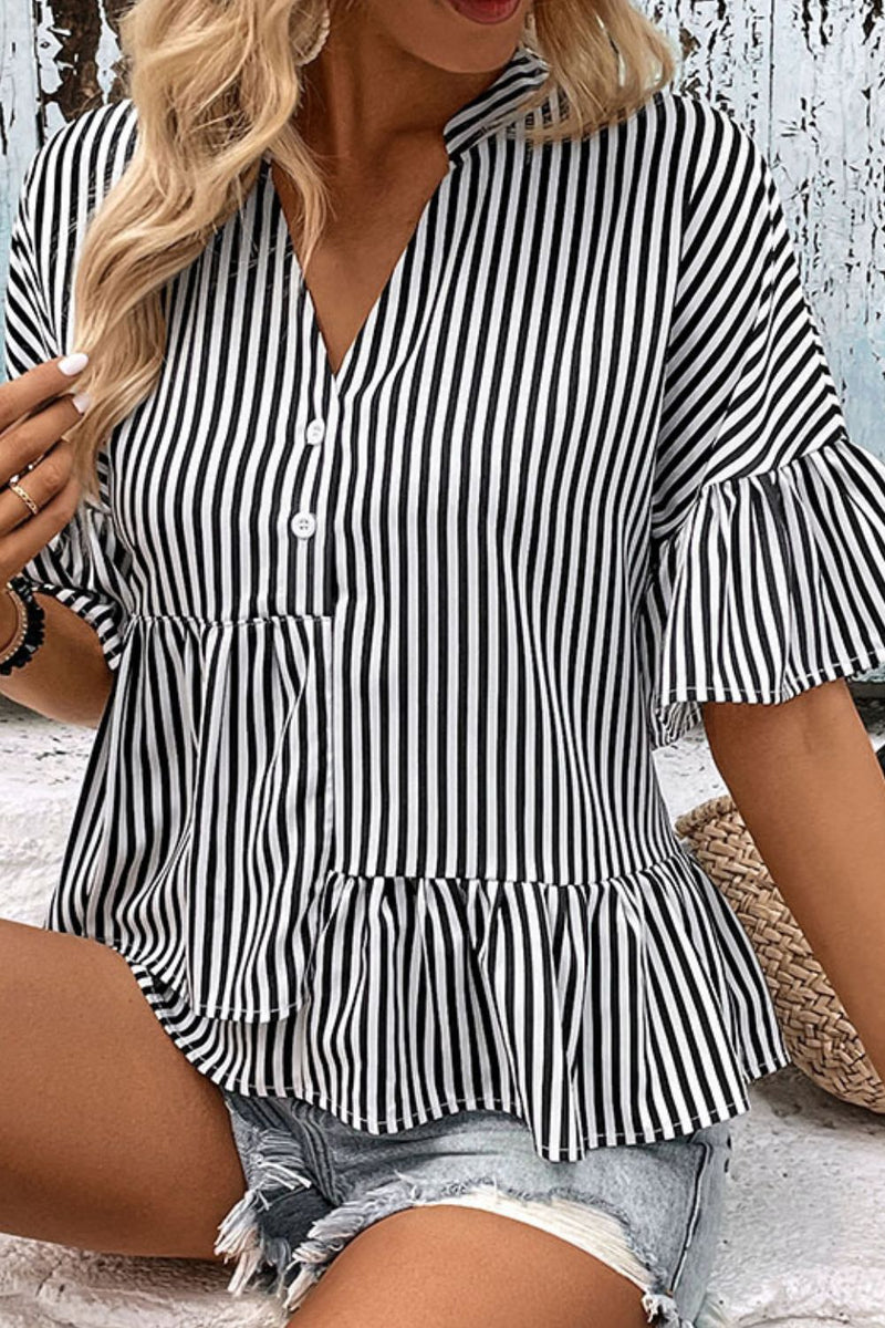 Perfee Striped Asymmetrical Flounce Sleeve Blouse