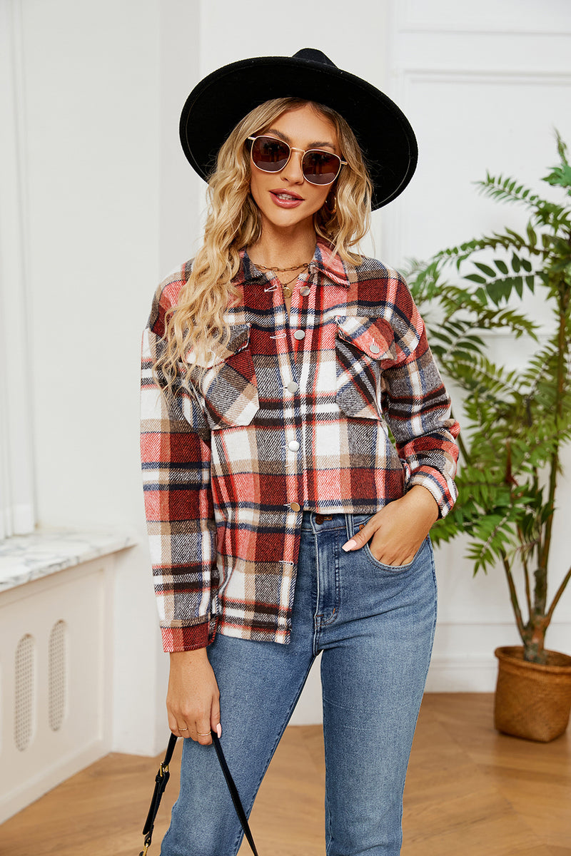 Button Down Collared Plaid Shacket Strawberry