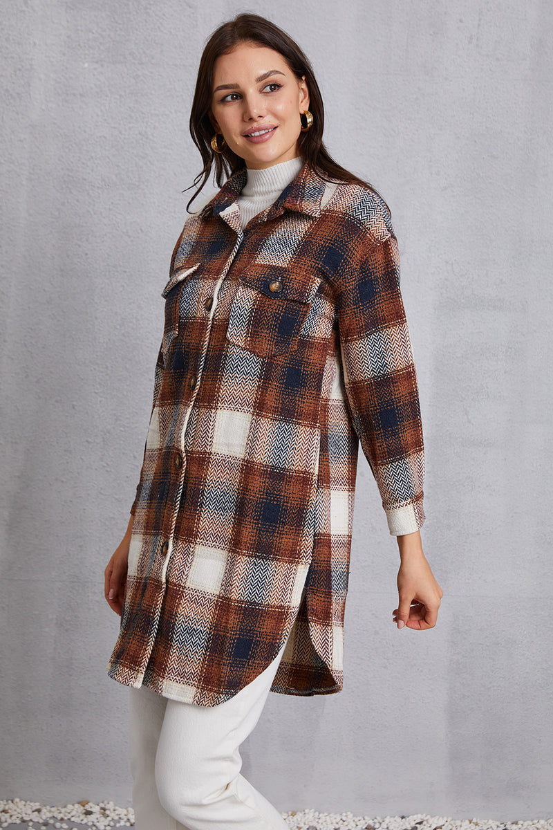 MeiMei Plaid Button Up Dropped Shoulder Coat with Pockets