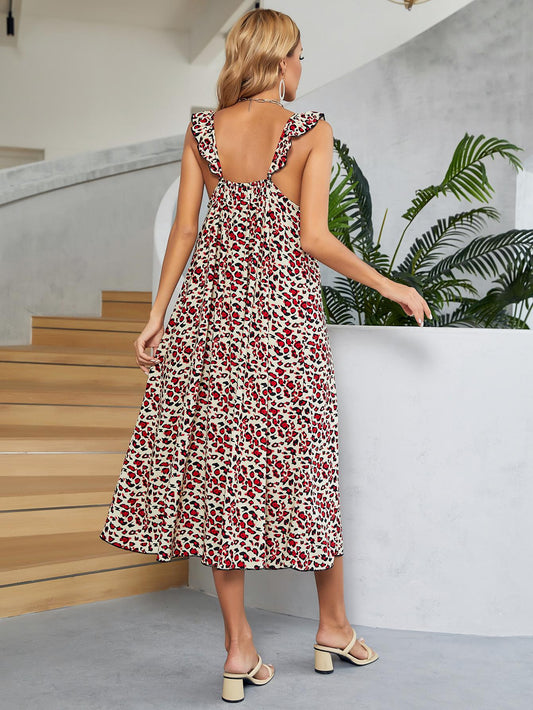 Printed Ruffled Sleeveless Midi Dress