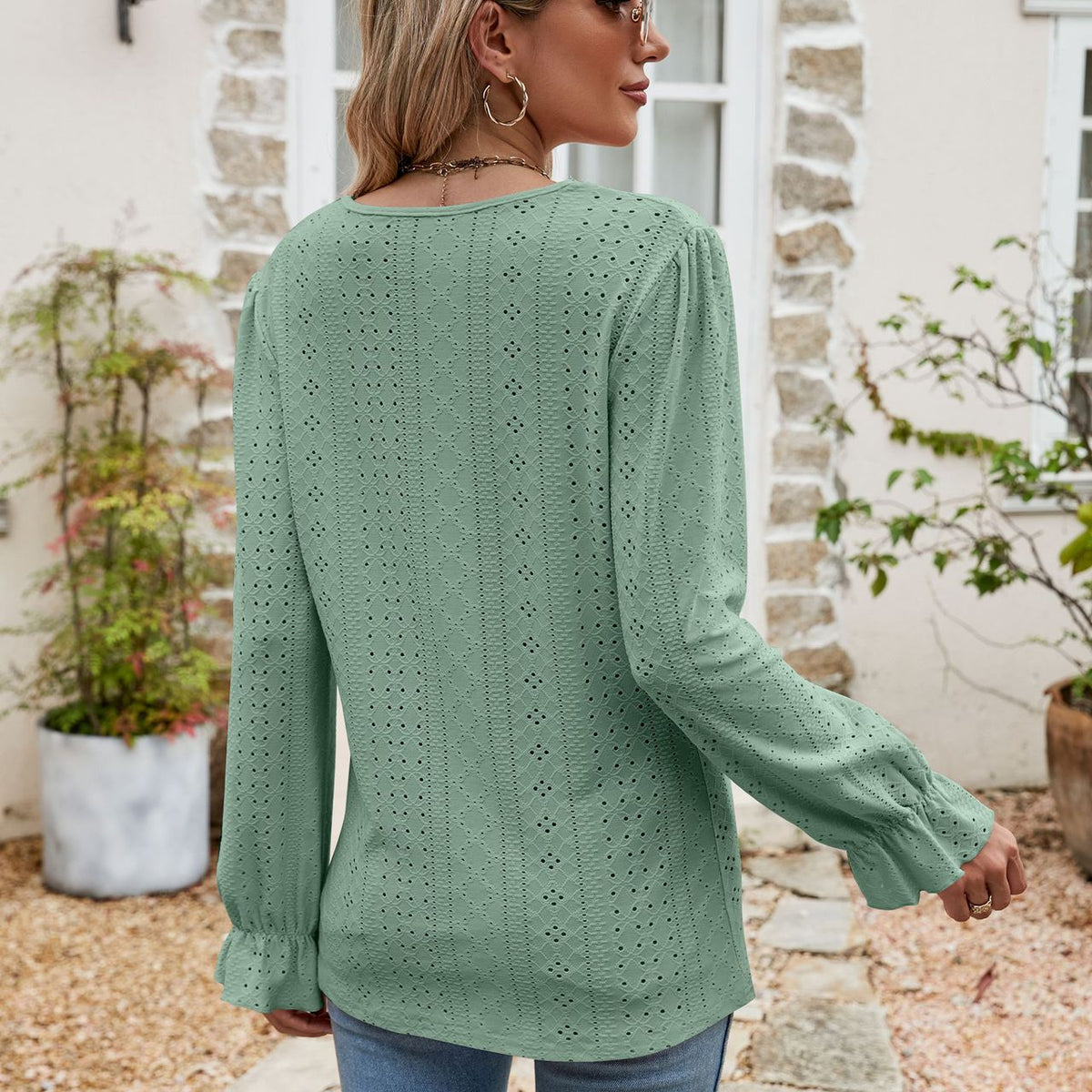 Eyelet Lace Trim Flounce Sleeve Blouse