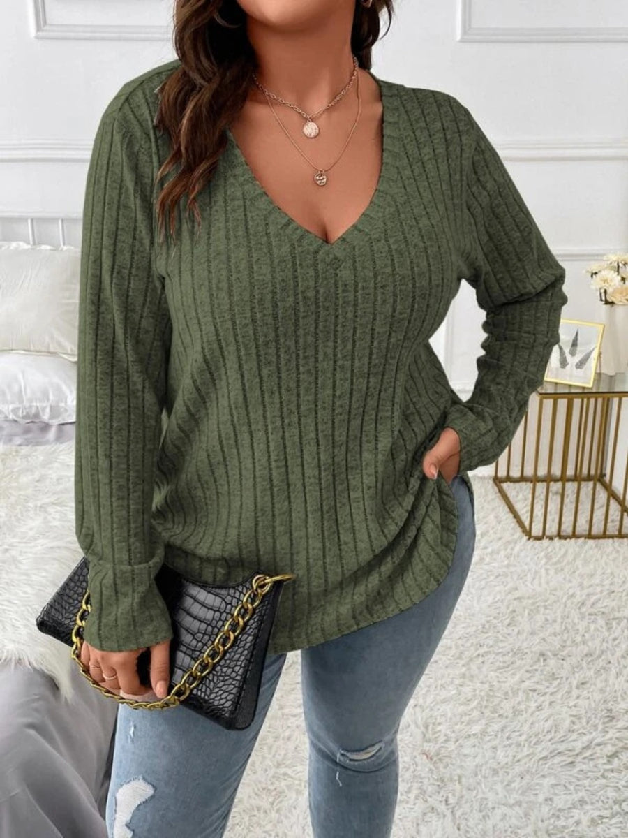 Plus Size V-Neck Long Sleeve T-Shirt Army Green