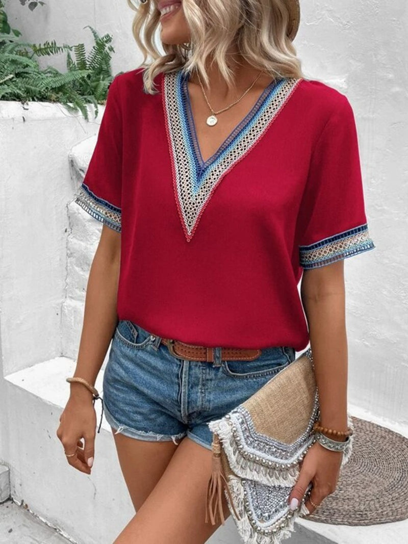 Full Size V-Neck Short Sleeve Blouse