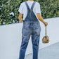 Pocketed Distressed Denim Overalls