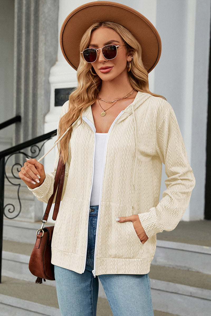 Drawstring Zip Up Long Sleeve Hoodie Cream