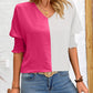 Contrast V-Neck Lantern Sleeve Blouse