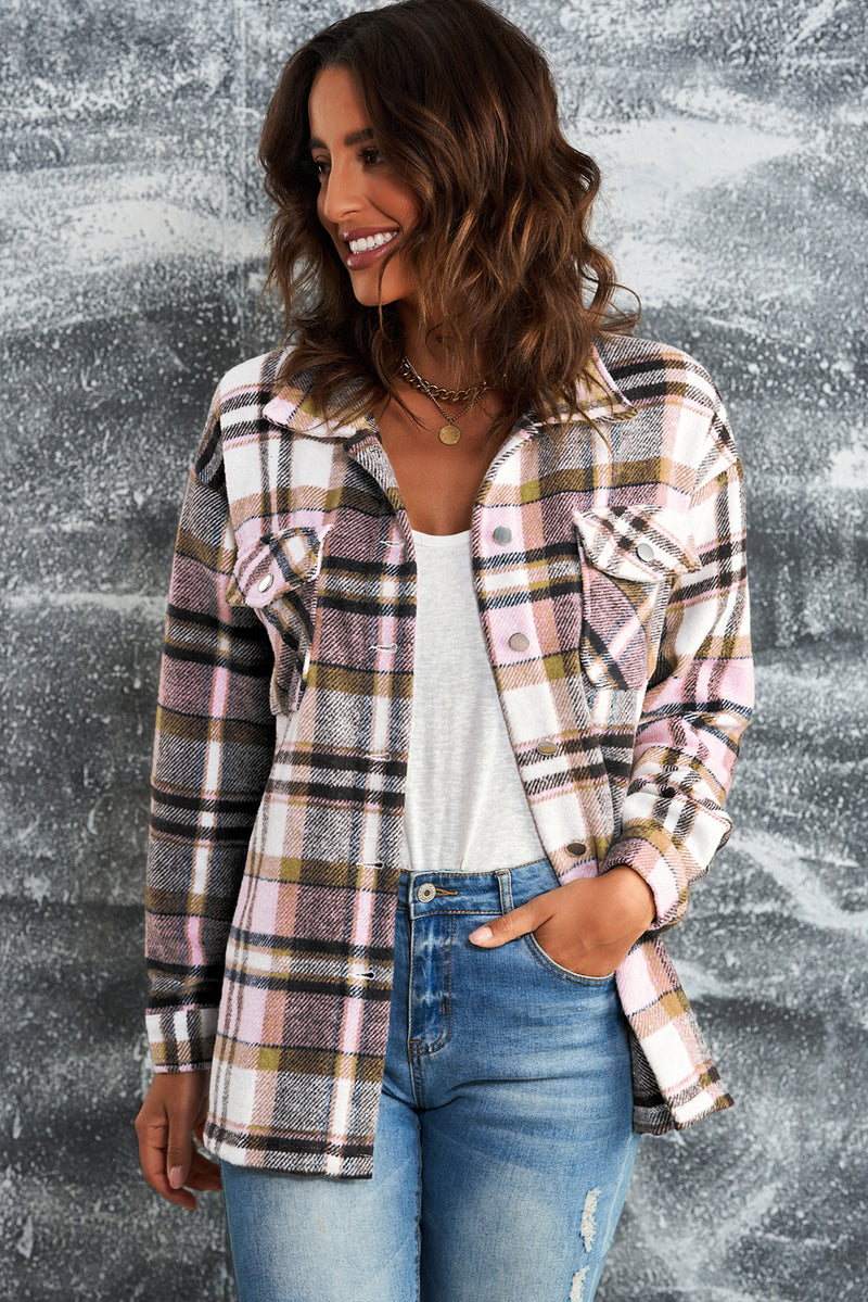Plaid Button Front Shirt Jacket with Breast Pockets Pink